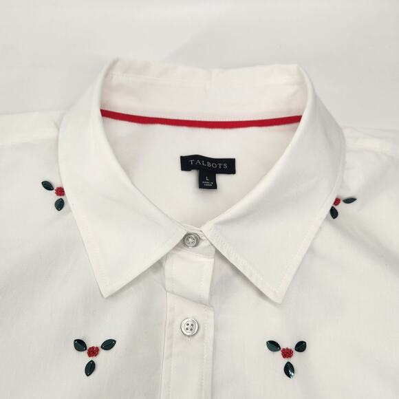 Talbots Embellished Holly Berry Button Front Shirt Womens Large White Beaded Top - Picture 6 of 12